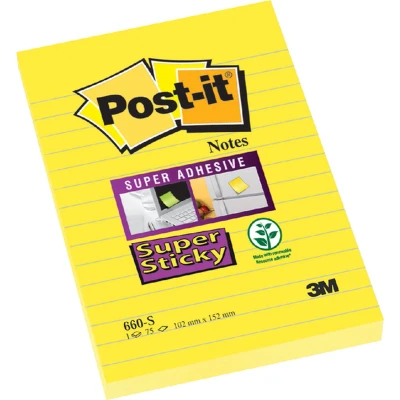 Afbeelding van Memoblok 3M Post it 660 Super Sticky 102x152 geel met lijn