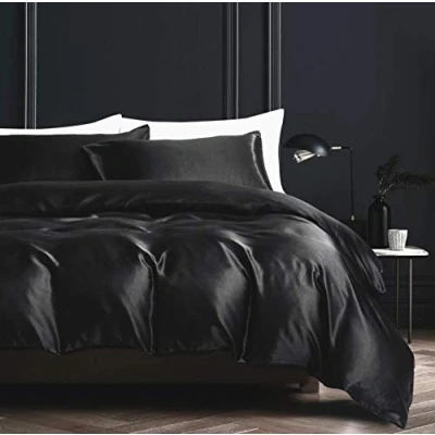 Afbeelding van Damier Beddengoedset van hoge kwaliteit, met dekbedovertrek 135 x 200 cm ritssluiting en kussensloop 80 cm, effen zwart