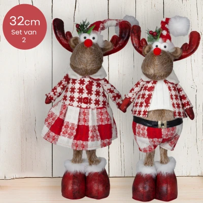 Afbeelding van Handgemaakt staand Rendieren duo met rood/wit geblokte broek/jurk 32(40)cm