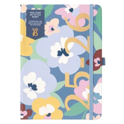 Afbeelding van Busy B A5 Diary Mid Year Academic Planner aug &#039;25 &#039;26 bloemenprint dagboek cover weekplanner met to do lijsten, notities, week view, 3 vakken, jaarplanner en elastische sluiting