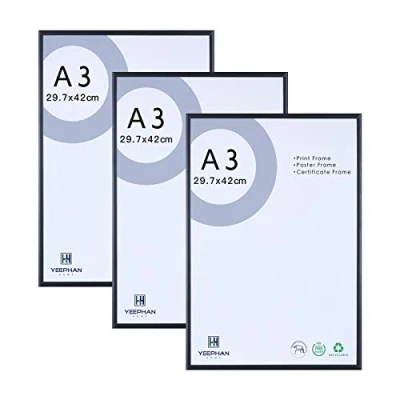Afbeelding van Set van 3 fotolijsten A3 aluminium zwart met plexiglas voorkant voor wandmontage 29,7 x 42 cm
