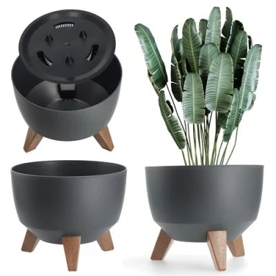 Afbeelding van KADAX Bloempot van kunststof met drie insteeksteunen ronde bloembak, plantenschaal voor balkon, woonkamer Diameter 24 cm, Antraciet