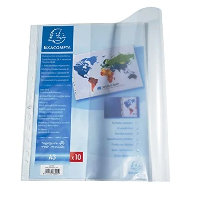 Image de Exacompta Réf. 6205E Sachet 10 pochettes perforées en PP lisse 9/100ème A3 pliées A4 Perforation universelle 11 trous Formats à classer et Incolore