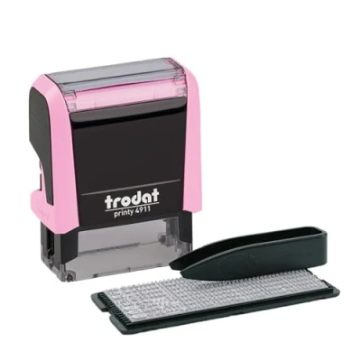 Image de Trodat Printy 4911 Kit de tampons rose pastel à faire soi même 3 lignes texte, empreinte 38 x 14 mm, allemand, avec pincette, encreur noir et ensemble lettres chiffres dans une taille