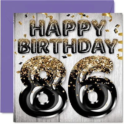 Afbeelding van Stuff4 Verjaardagskaart voor mannen Zwarte en gouden ballonnen Verjaardagskaarten van 86 jaar, papa, opa, oma, 145 mm x