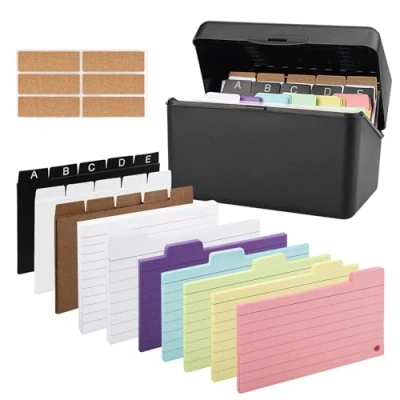 Afbeelding van Kaarten met kaartendoos, gelinieerd, zwart, meerkleurig, 15 tabbladen, 6 ringen, stickers, 10 kleuren, flashkaarten, woordenschatkaarten, schoolbenodigdheden, 230 stuks