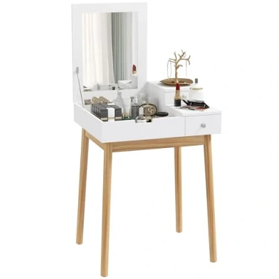 Afbeelding van HOMCOM make uptafel, Scandinavisch design, meerdere vakken, opvouwbaar, 60 x 50 86 cm, grenen en MDF, wit