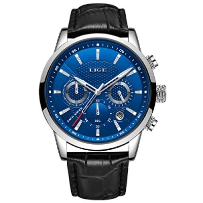 Afbeelding van Modieuze herenhorloges van Lige, roestvrij staal, analoge quartz, sport, chronograaf, witte wijzerplaat, klassieke lederen horlogeband., Zwart Blauw, armband