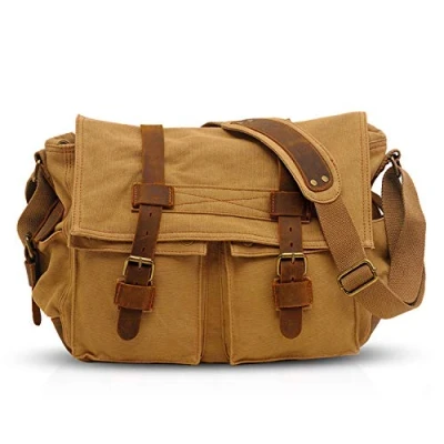 Afbeelding van FANDARE Nieuwe Retro Schoudertassen Messenger Bag Schoudertas 14 Inch Laptop Briefcase Mannen Vrouwen Sporttas Werk School Satchel Canvas, Khaki, L, Vrije tijd Rugzak