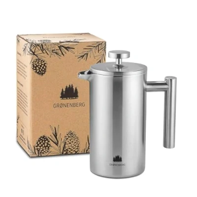 Afbeelding van Groenenberg French Press gemaakt van roestvrij staal 1 liter (5 kopjes) Verkrijgbaar in 3 maten Thermo koffiezetapparaat dubbelwandig geïsoleerd Koffiepers incl. Vervangfilters &amp; gebruiksaanwijzing