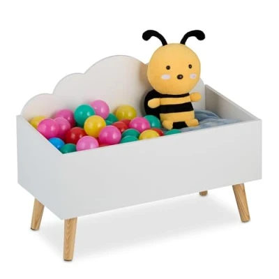 Afbeelding van Relaxdays Speelgoedkist, wolken, 45 x 60 30 cm, MDF, voor boeken en speelgoed, open speelbox, wit