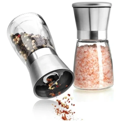 Afbeelding van COM FOUR® Set van 2 zout en pepermolens glas roestvrij staal met keramische molen, elegante keukenaccessoires, moderne kruidenmolen, rasp (02 stuks, deksel)