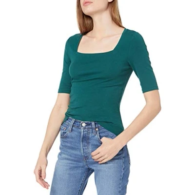 Image de Amazon Essentials T Shirt Ajusté à Manches Mi Longues et Col Carré Women&#039;s, Vert Foncé, XXL