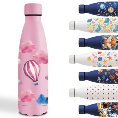 Afbeelding van Thermosfles voor kinderen, 500 ml, gepersonaliseerde thermosfles, metalen fles, lekvrij, staal, school, kantoor, camping, fietsen, bal, roze