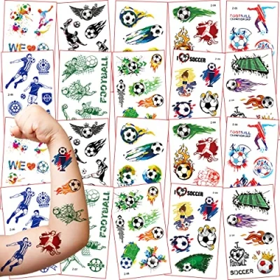 Afbeelding van 20 vellen tijdelijke tatoeages voor kinderen, voetbalthema, nep, waterdicht, jongens en meisjes, kunststickers, verjaardag, feest, spelletjes, decoratie, geschenken, gadgets, speelgoed