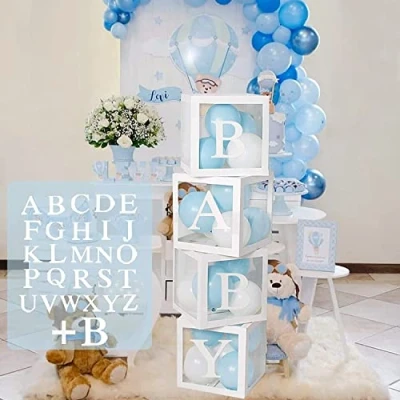 Afbeelding van Babyshower decoratie voor jongens en meisjes, 4 stuks, transparante witte ballondozen met letters A Z, babyshowerbox genderreveal party, verjaardagsdecoratie