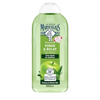 Image de Le Petit Marseillais Shampooing Force &amp; Éclat Pomme Olivier Bio (300 ml) Shampoing sans silicone pour cheveux normaux 98% d&#039;origine naturelle une brillance optimale