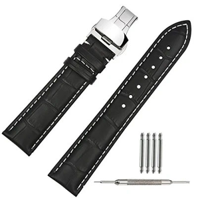 Afbeelding van TStrap Horlogebandje, heren, leer, zwart, met roestvrijstalen vouwsluiting, 18 mm/19 mm/20 mm/21 mm/22 mm, Zwarte witte naad., 20 Riemen.