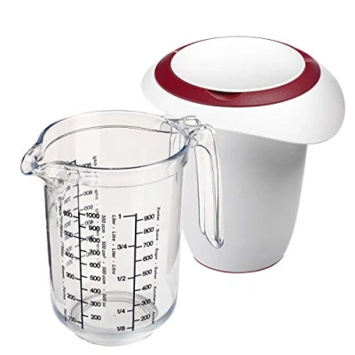 Afbeelding van Westmark Gerda 306822E6 maatbeker 1 liter met tweedelig deksel meertalige schaal schenktuit, kunststof, transparant, wit/rood