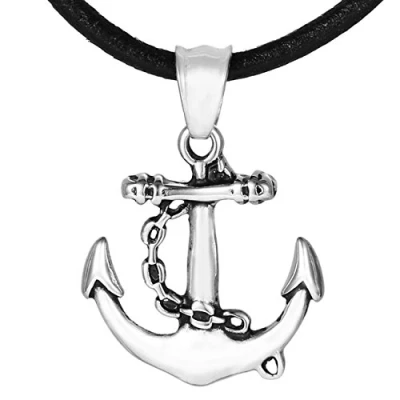 Afbeelding van DonDon Leren halsketting voor heren, 50 cm, met hanger van roestvrij staal, Thor&#039;s hamer, anker, doodshoofd, leeuw, tribal en vele anderen, Leer, Geen edelsteen, edelsteen