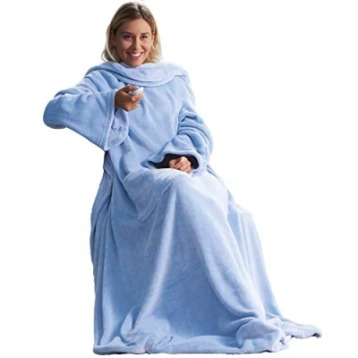 Afbeelding van CelinaTex TV deken met Mouwen en Voetenzak, Zachte Deken, 150 x 180 cm, Lichtblauw, Microvezel, Fleece, Oeko Tex