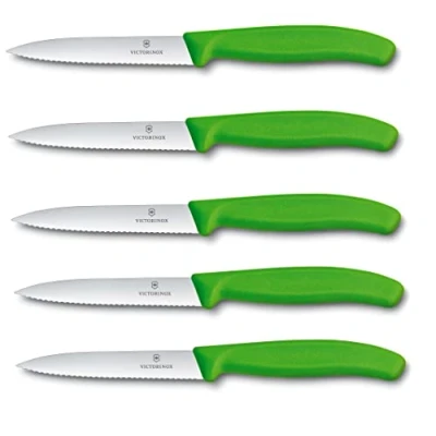 Afbeelding van Victorinox Swiss Classic groentemes, 5 stuks, groen, 10 cm met gekartelde rand, tomatenmes