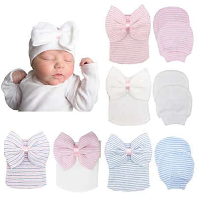 Afbeelding van DRESHOW Babymutsen en beschermende handschoenen van katoen, 5 stuks bijpassende cups 3 paar met klittenbandsluiting voor kinderen, baby&#039;s, meisjes jongens (0 maanden)