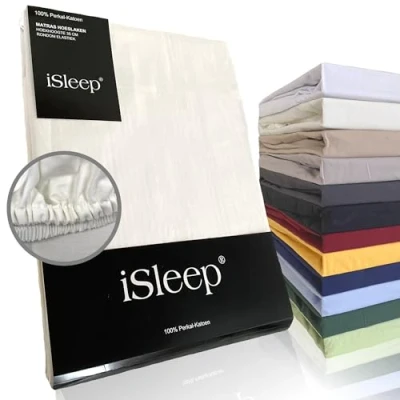 Afbeelding van iSleep Perkal Hoeslaken 100% Katoen Hoge Hoek Rondom Elastiek Eenpersoons 90x220 cm Licht Beige