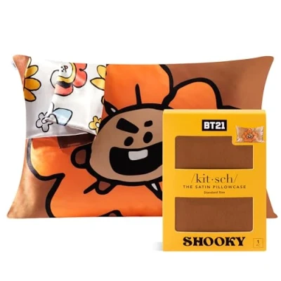 Image de BT21 Taie d&#039;oreiller en satin Kitsch avec fermeture éclair, plus douce que la soie de mûrier Taille standard 1 pièce, housse coussin rafraîchissante pour cheveux, santé peau et beauté du