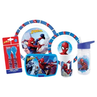 Afbeelding van Serviesset FUN HOUSE SPIDERMAN Glas, bord Ø22 cm en Ø16 cm, bestek, waterfles snackbox