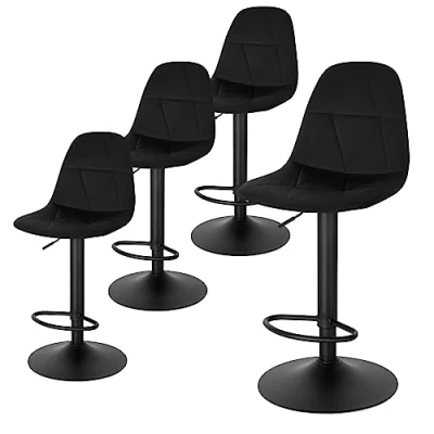Afbeelding van Lestarain LBAI64003 4 Set van designbarkrukken met in hoogte verstelbare rugleuning, 360 graden draaibaar, metalen fluwelen bekleding, zwart, zithoogte 60 81 cm