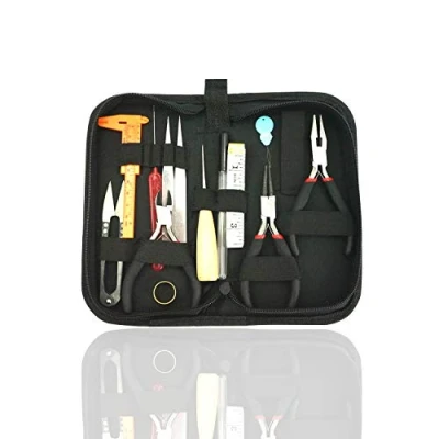 Afbeelding van Toolkit juwelen maken, gereedschapsset herstellen, 14 onderdelen met pincet, mes, schaar, liniaal voor oorringen, kralen en ketting, DIY, vakmanschap, Roestvrij staal