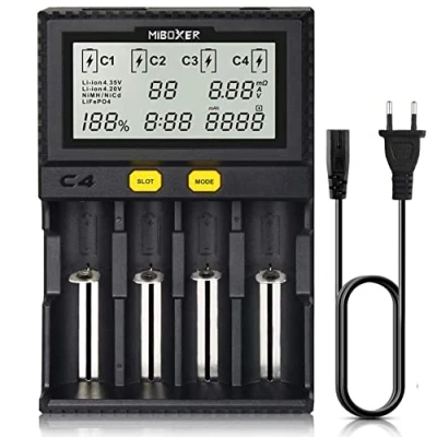 Afbeelding van MiBOXER Smart 18650 acculader, universele oplader met 4 sleuven, automatisch lcd display, snel opladen, Li Ion, LiFePO4 Ni MH CD AA AAA C 18350 18500 18700 20700 21700 26650 RCR123