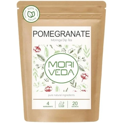 Afbeelding van 100% natuurlijke en veganistische Moringa thee (optioneel bladmix, appel kaneel, granaatappel, gember, munt). 1A kwaliteit (20 granaatappel theezakjes)