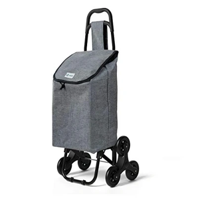 Afbeelding van VOUNOT Boodschappentrolley met 6 wielen waterdicht vak, opvouwbare marktwagen, 2 in 1, tas van Oxford, trolley, trap, grijs