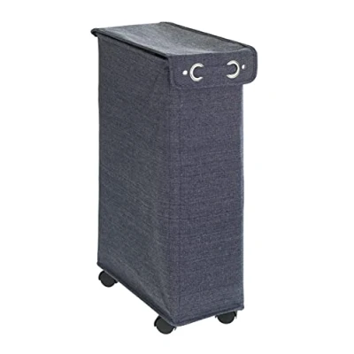 Afbeelding van WENKO Corno wasmand met deksel blauw gemêleerd, stabiele verstevigingsstangen en vier wielen, inhoud 43 l, enkel vak, 18,5 x 60 40 cm (b h d)