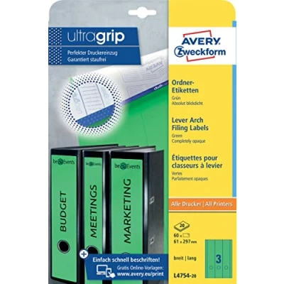 Afbeelding van Avery Zweckform L4754 20 Ordnerrugetiketten Ft 29,7 X 6,1 Cm (b H), 60 Etiketten, Groen Etiket