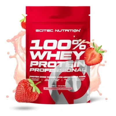 Afbeelding van Scitec Nutrition 100% Whey Protein Professional met essentiële aminozuren en spijsverteringsenzymen, glutenvrij, 1000 g, aardbei