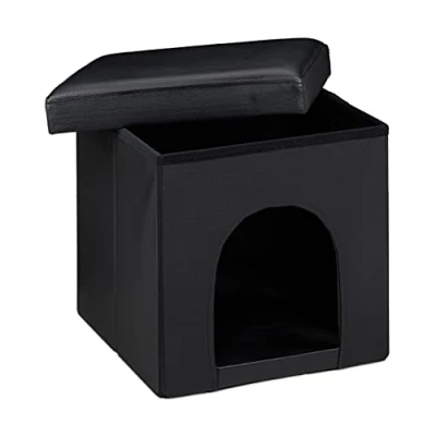 Afbeelding van Relaxdays kattenmand poef opvouwbaar hocker kunstleer kattenhuis kleine hondenmand zwart