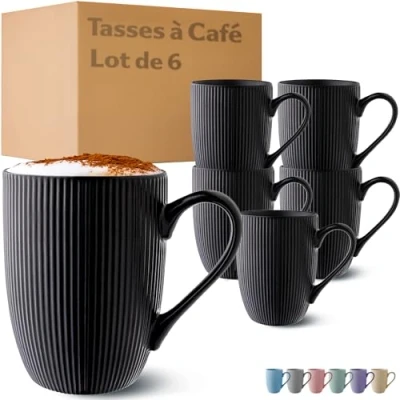 Afbeelding van koffiekopjes set van 6 moderne zwarte uniek strepenpatroon mat keramiek magnetronbestendig vaatwasmachinebestendig &amp; comfortabele grip
