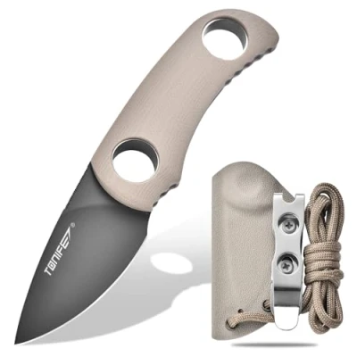 Afbeelding van TONIFE mes met vast lemmet 4,7 cm, mini kraagmes Kydex hoes en koord, EDC draagbaar voor outdoor survival (warm zand + titanium Gary)