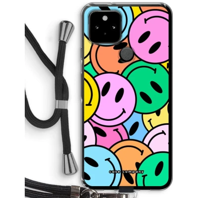 Afbeelding van Case Company® hoesje met Koord geschikt voor Google Pixel 5 Smiley N1 Telefoonhoesje Zwart Bescherming aan alle Kanten en Over de Schermrand