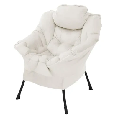 Afbeelding van Relaxfauteuil crème met armleuningen en dik hoofdkussen metalen frame Loungestoel tot 120 kg ML design