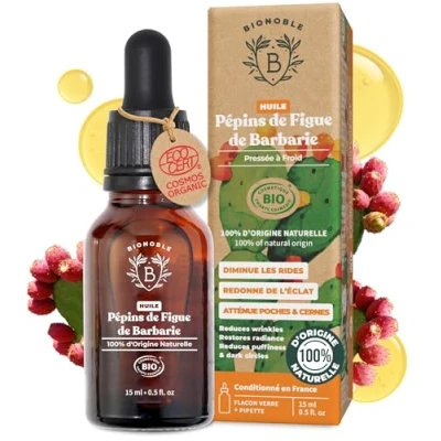 Afbeelding van Bionoble Biologische cactusvijgolie 15 ml 100% zuiver, natuurlijk, koudgeperst gezicht, lichaam, haar, baard, nagels veganistisch en wreedvrij Prickly Pear Seed Oil Fles