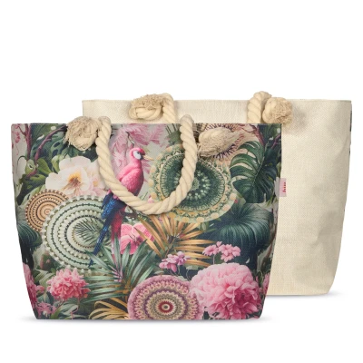 Afbeelding van Strandtas met Tropische Bloemen en Papegaai Print 43x60 cm Groen Oeko Tex Gecertificeerd Polyester Linnen
