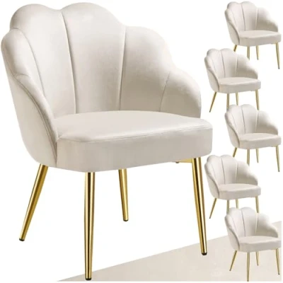 Afbeelding van tectake 6x Cocktail Stoel Hellen, Gestoffeerd met Fluwelen Bekleding, Zachte Vulling, Gewelfde Rugleuning, Stalen Poten Poedercoating set van 6 Crème/Goud