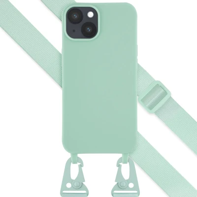 Afbeelding van Selencia hoesje Geschikt voor iPhone 14 met koord Siliconen afneembaar Turquoise