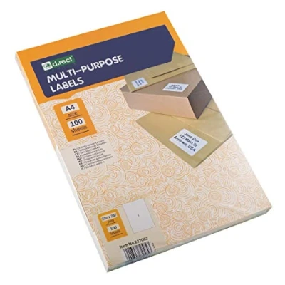 Afbeelding van D.RECT 100 universele etiketten zelfklevend (210 x 297 mm op DIN A4) bedrukbaar vellen wit