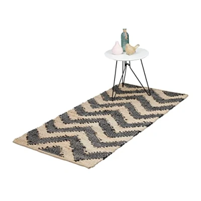 Afbeelding van Relaxdays vloerkleed jute en katoen 70 x 140 cm boho tapijt zigzag beige/zwart