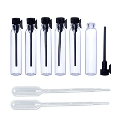 Afbeelding van Enslz 100 stuks mini parfummonsterflessen met zwart deksel, lege glazen druppelflessen voor reizen en feestjes (1 ml)
